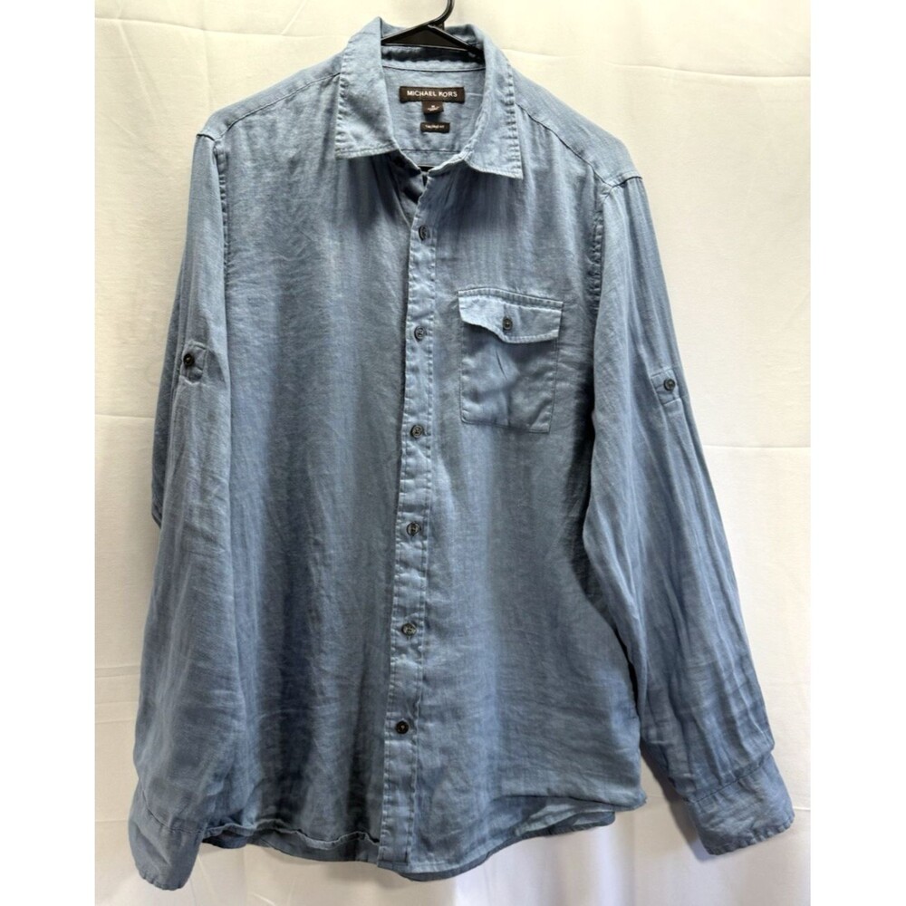 Michael Kors Mens Linen Tailored Classic Fit Button Pocket Casual Shirt Sz M